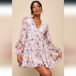 Lulus Floral Tiered Ruffled Mini Dress with Sleeves Size XS NWT